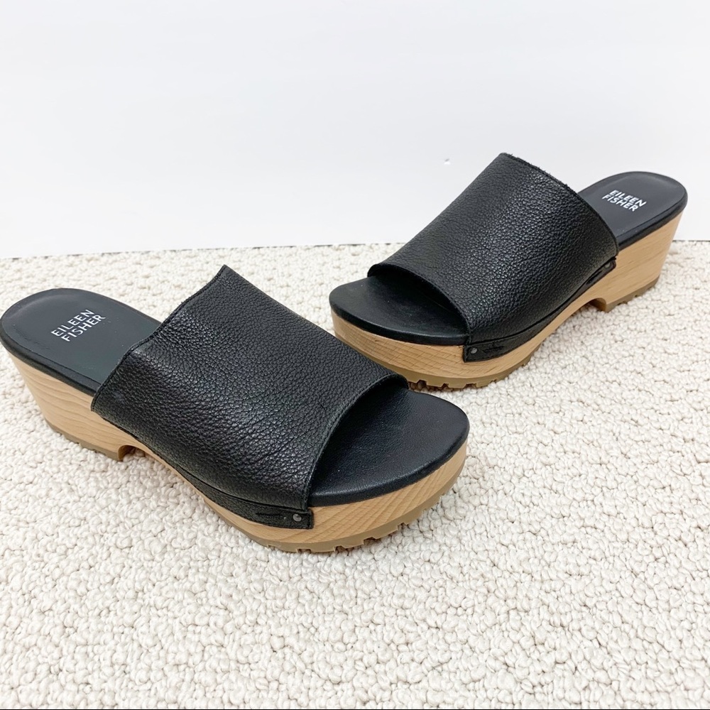 NWOT Eileen Fisher Wooden Platform Leather Slide Clogs Size 7.5